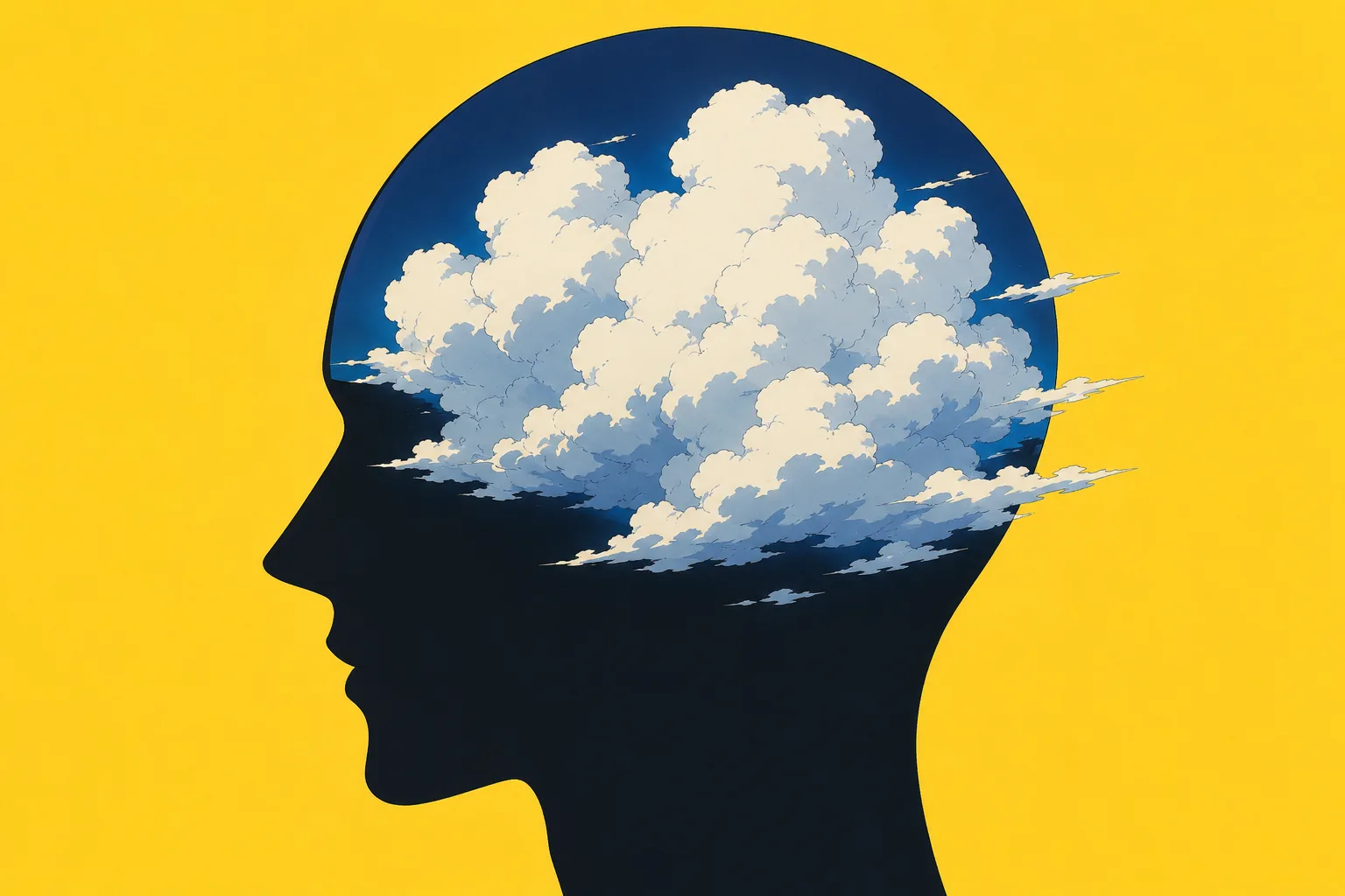 Side profile of a head silhouette with white clouds drifting inside the skull, against a yellow background.