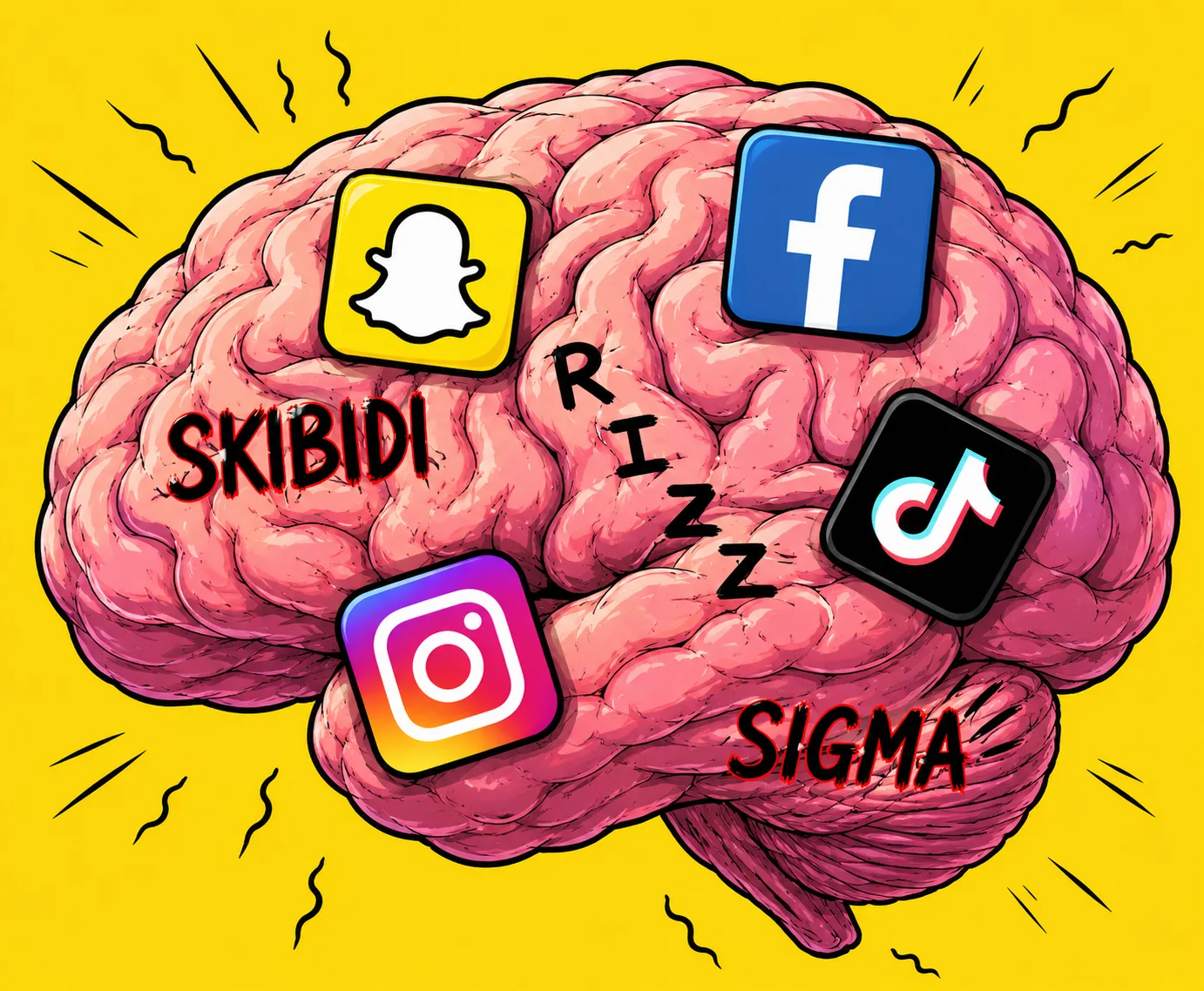 A cartoon pink brain on a yellow background, plastered with Snapchat, Facebook, Instagram and TikTok app icons and the words SKIBIDI, RIZZ and SIGMA scrawled across it.