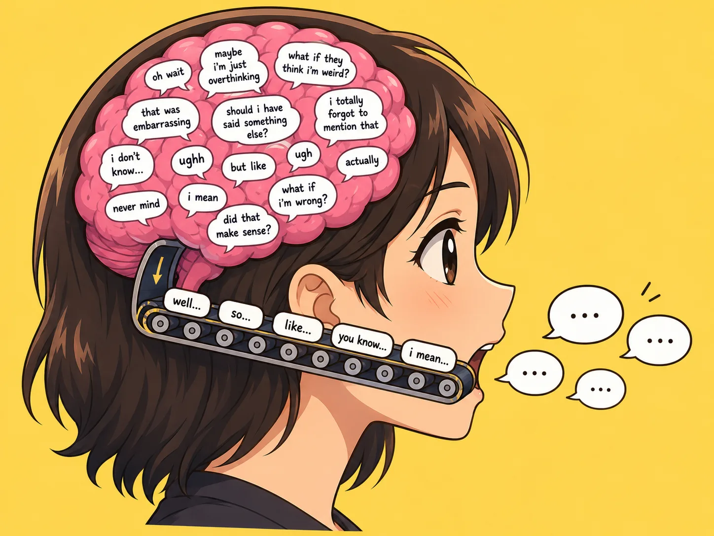 Side profile of a person with a visible brain full of anxious thought bubbles, feeding a conveyor belt of filler words ('well', 'so', 'like', 'you know') to a mouth emitting only empty speech bubbles, on a yellow background.