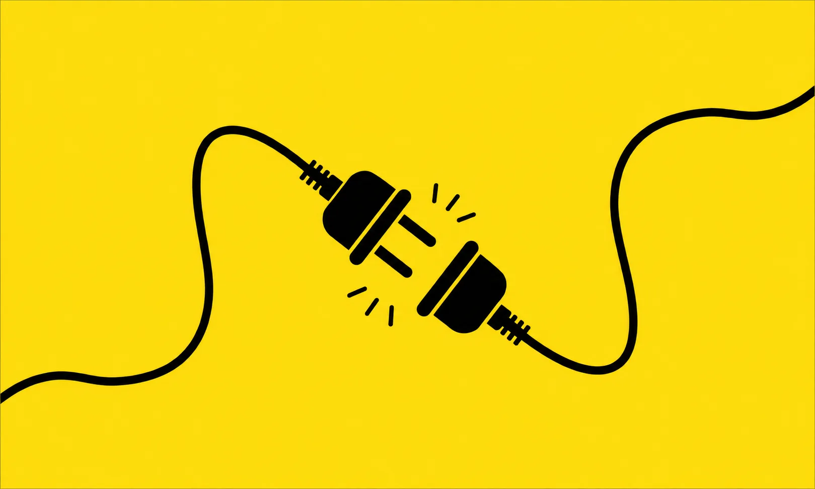 Two black power plugs floating apart against a yellow background, sparks between them, the cables trailing off in opposite directions.