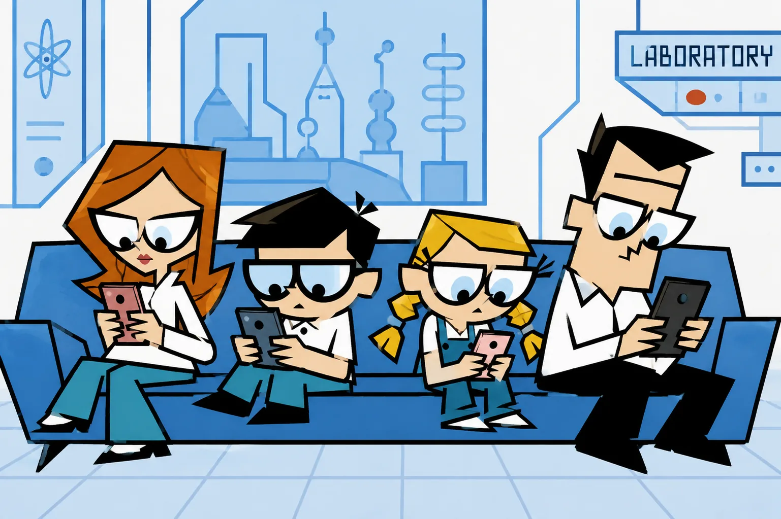 A cartoon family of four — two adults and two children — sitting in a row on a sofa, each absorbed in their own phone or tablet, in a stylised blue-and-white lounge.