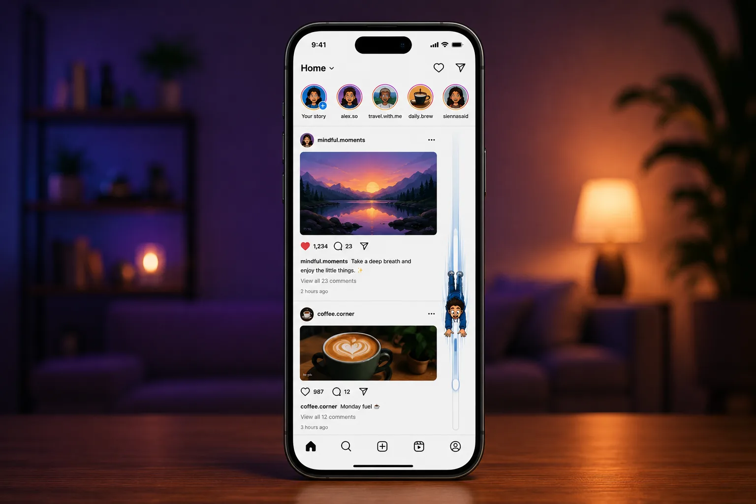 A smartphone lit up showing a social media feed at night, propped on a table in a dimly-lit room with warm lamps and a houseplant in the background.