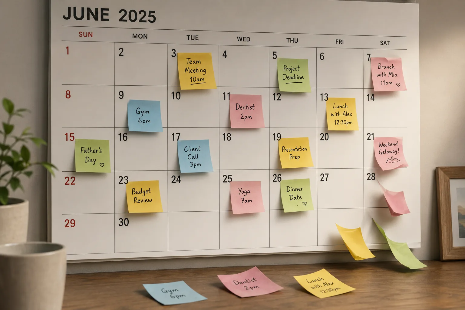 A wall calendar covered in coloured sticky notes labelling specific days and times with commitments — gym sessions, meetings, deadlines, dinner plans.