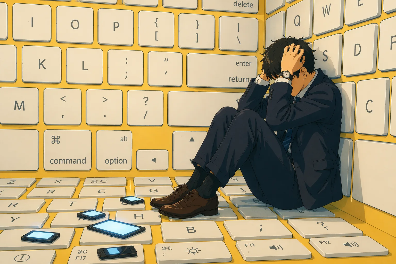 A figure curled up with head in hands, sitting in a corner built entirely of oversized keyboard keys, with phones and tablets scattered across the floor around them.