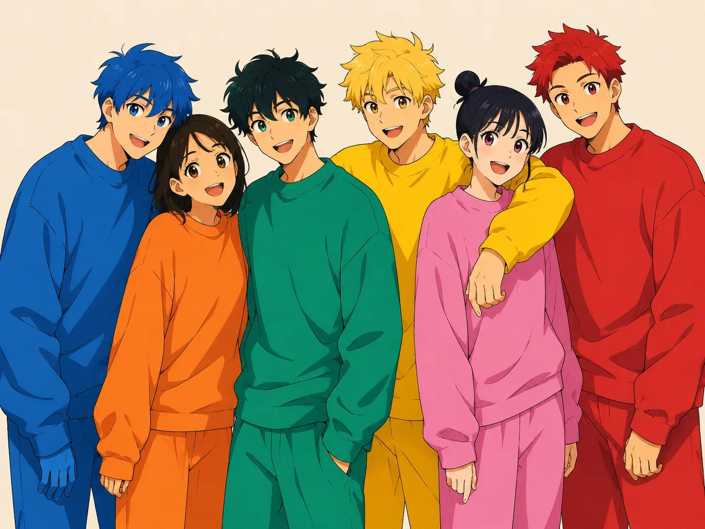 A row of six friends in brightly coloured sweatshirts standing arm-in-arm, smiling at the viewer.