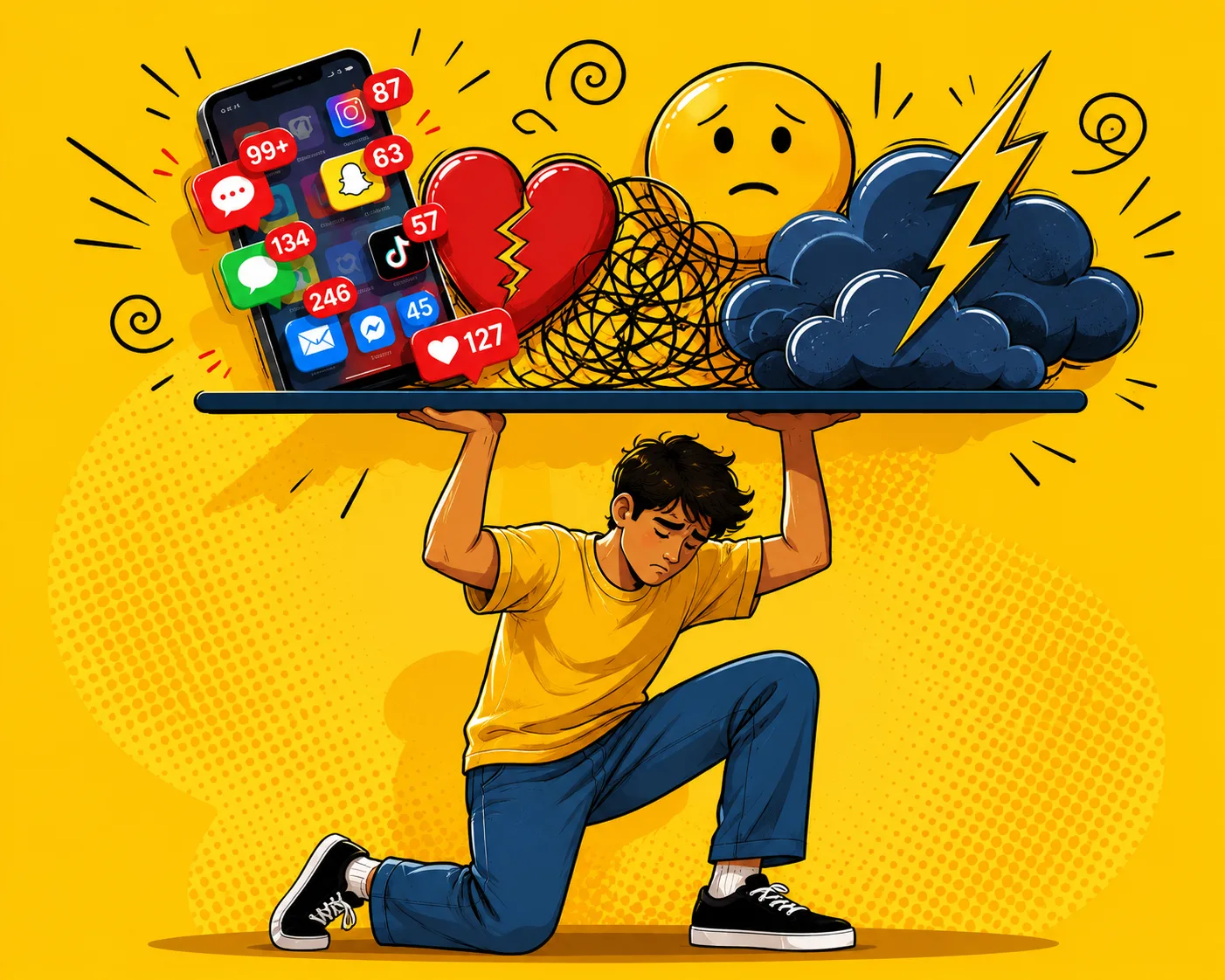 A person crouched on one knee under a heavy tray balanced overhead, piled with a buzzing phone full of notifications, a broken heart, a tangled scribble, a worried emoji and a storm cloud.