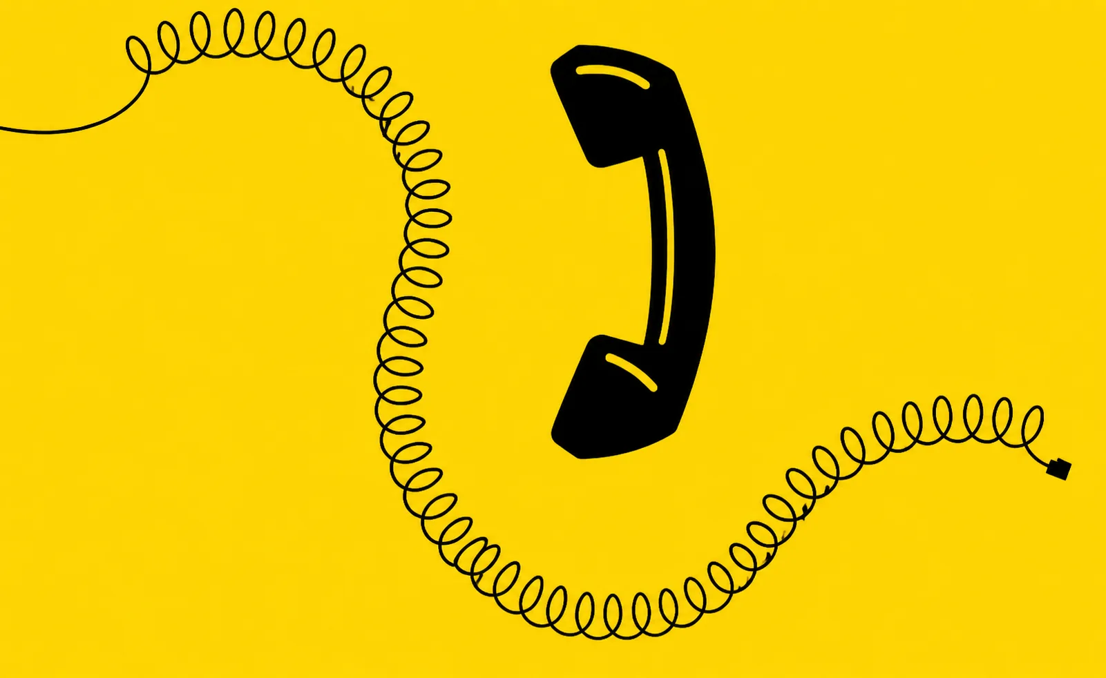 A black corded telephone handset floating against a yellow background, its long coiled cord winding off in a loose S-curve.
