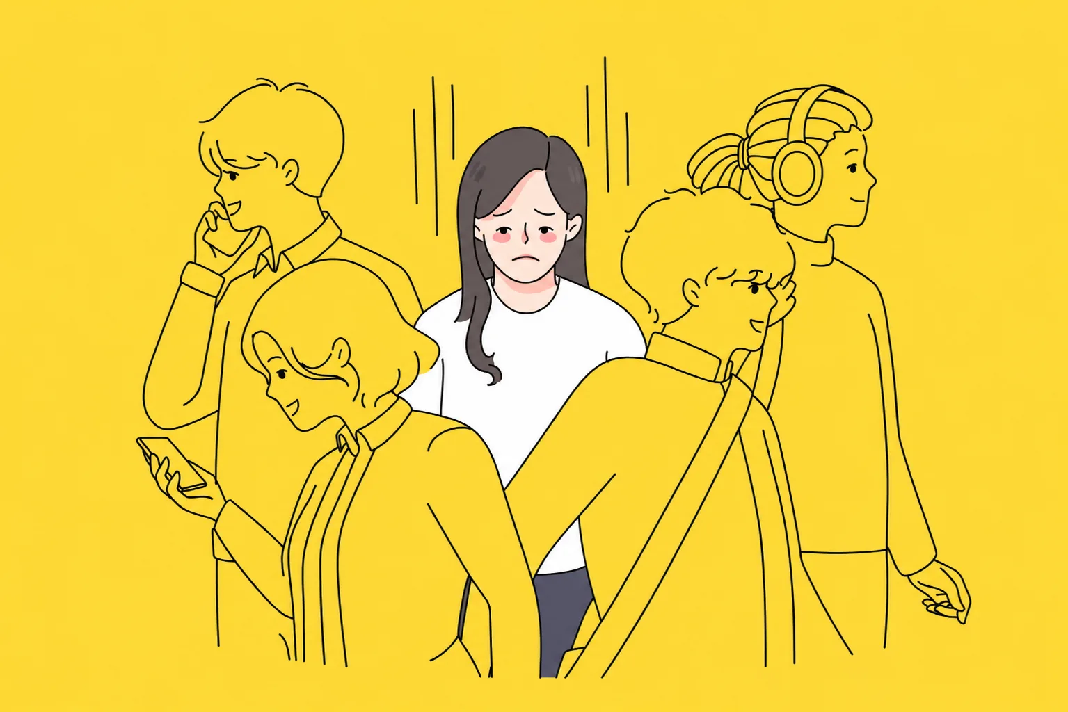 An anxious figure stands in the middle of a yellow background, hands clasped, surrounded by other people turned away or looking past her.