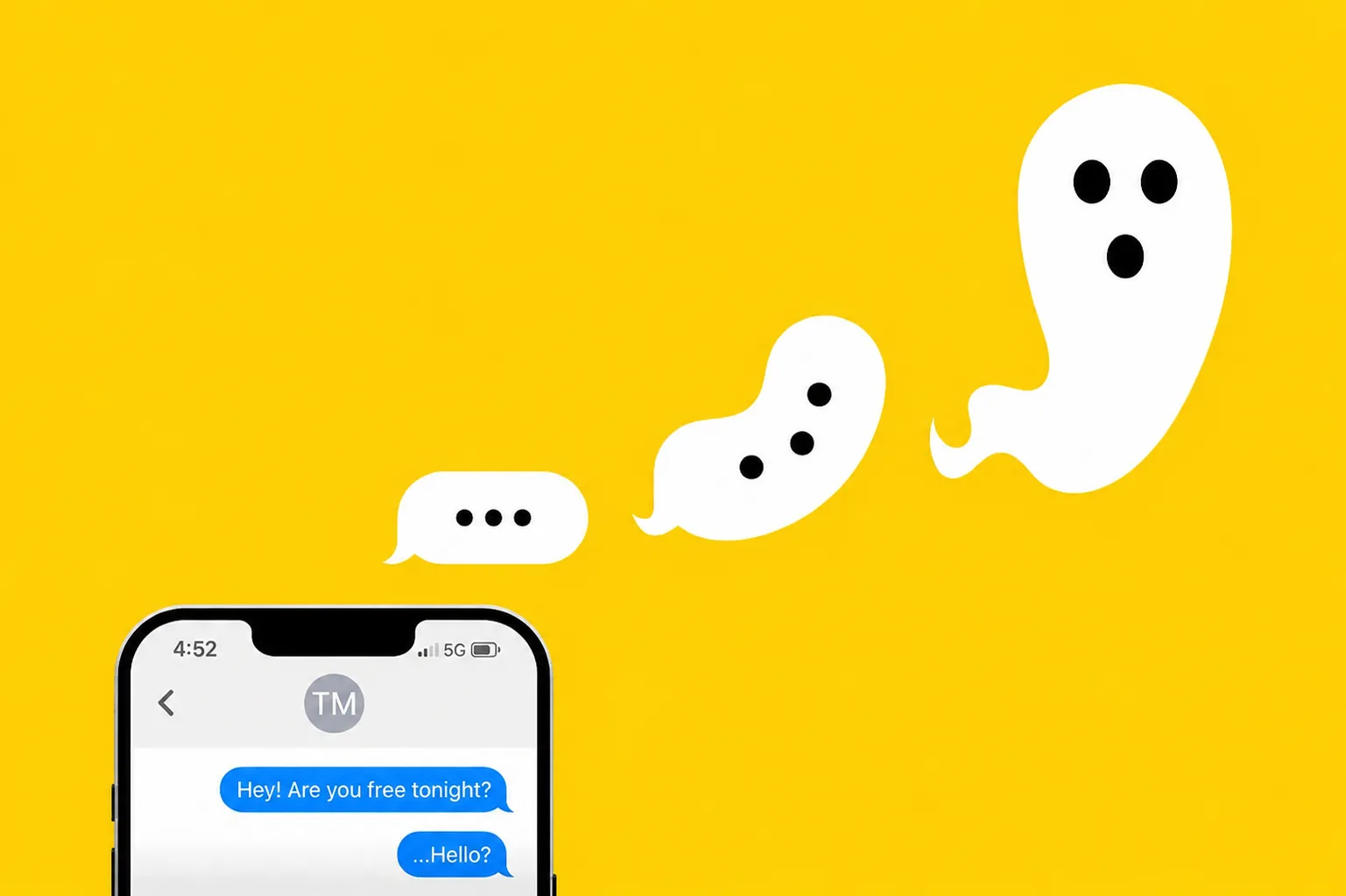 Cartoon ghosts drifting out of a smartphone showing an unanswered text conversation, against a yellow background.